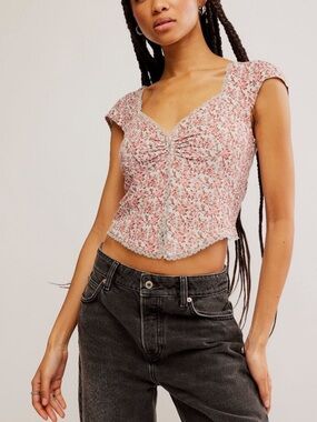 Free People Pink Floral Cropped Tie-Front Top
